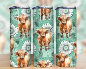 Highland Cow Daisy Boho Tumbler Png